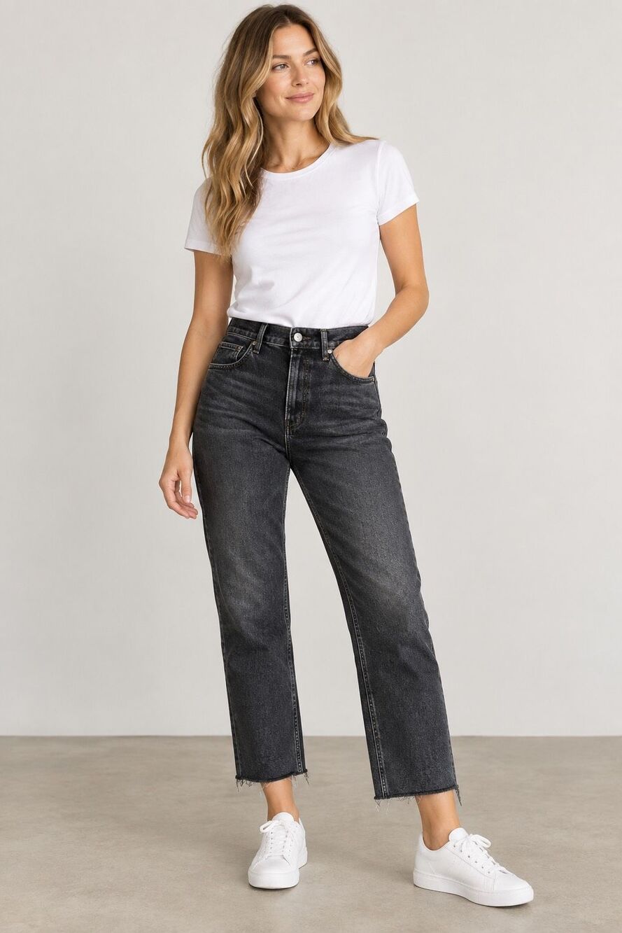 Everlane The Cheeky High Rise Straight Jeans Washed Black Raw Hem Size 31